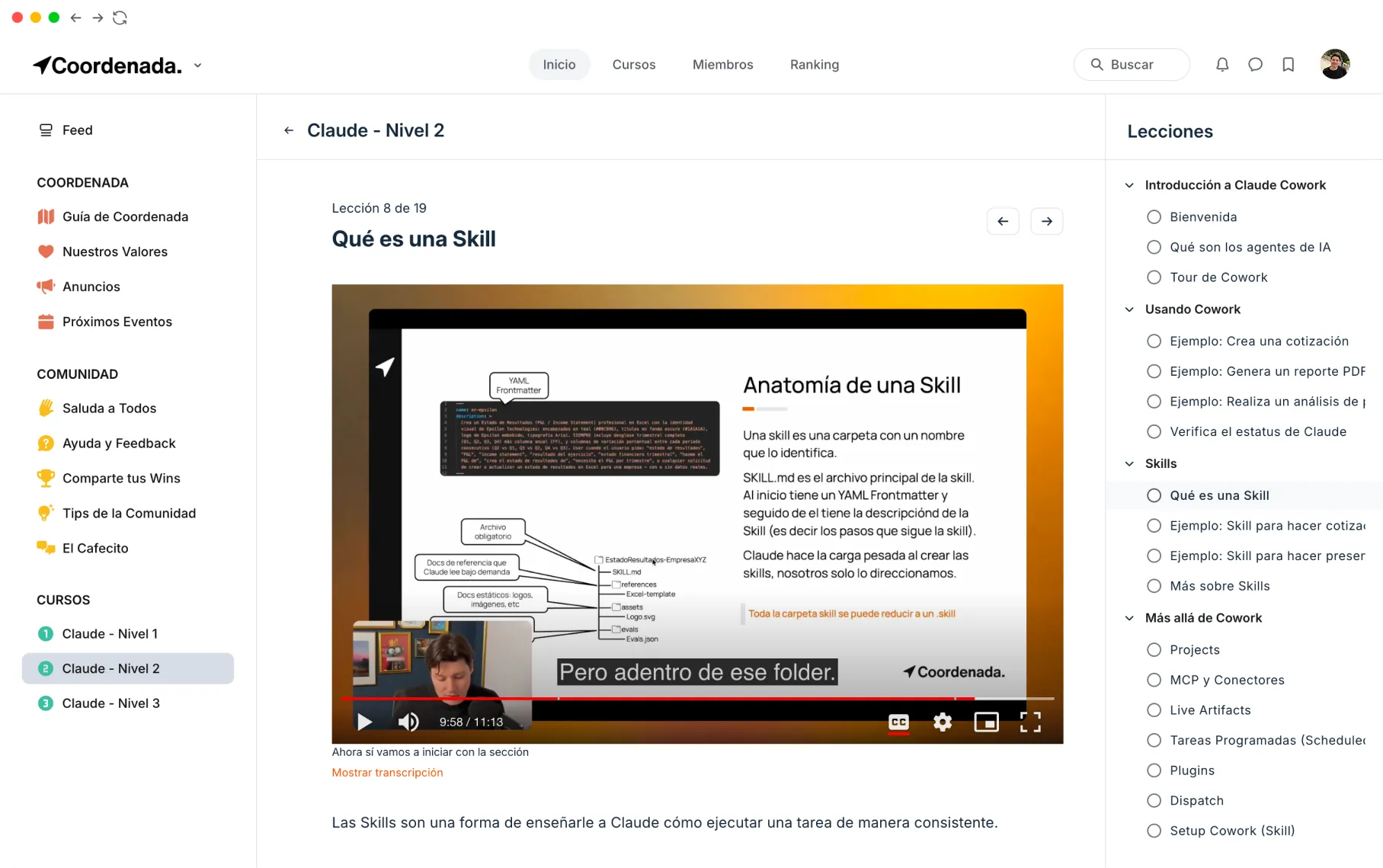 La academia de Coordenada por dentro: una lección en video con la lista de lecciones